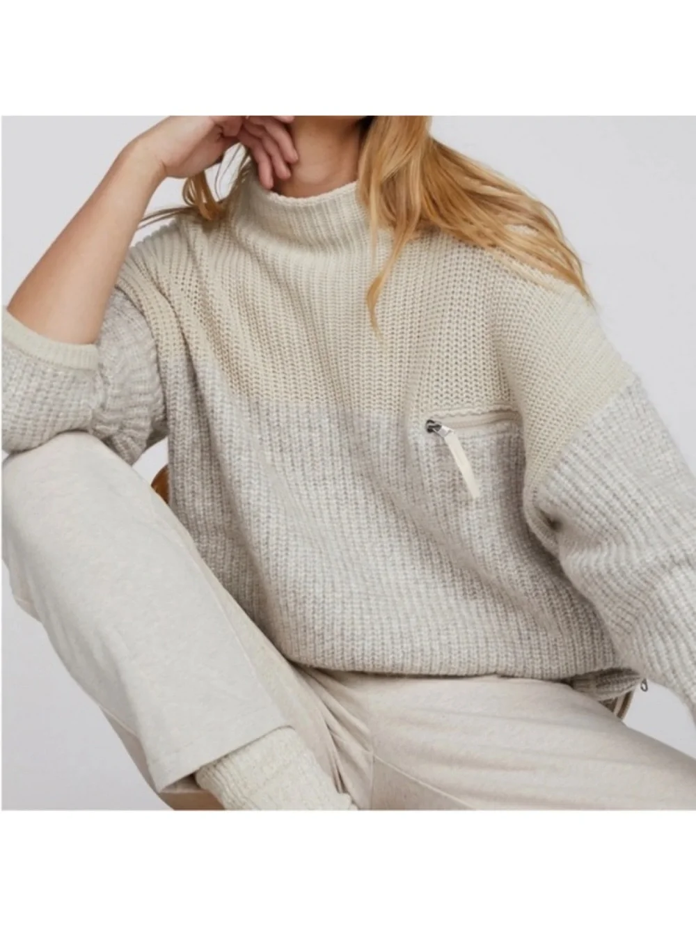 Varley darwell mockneck sweater true knit mirage zipper details womens L cotton